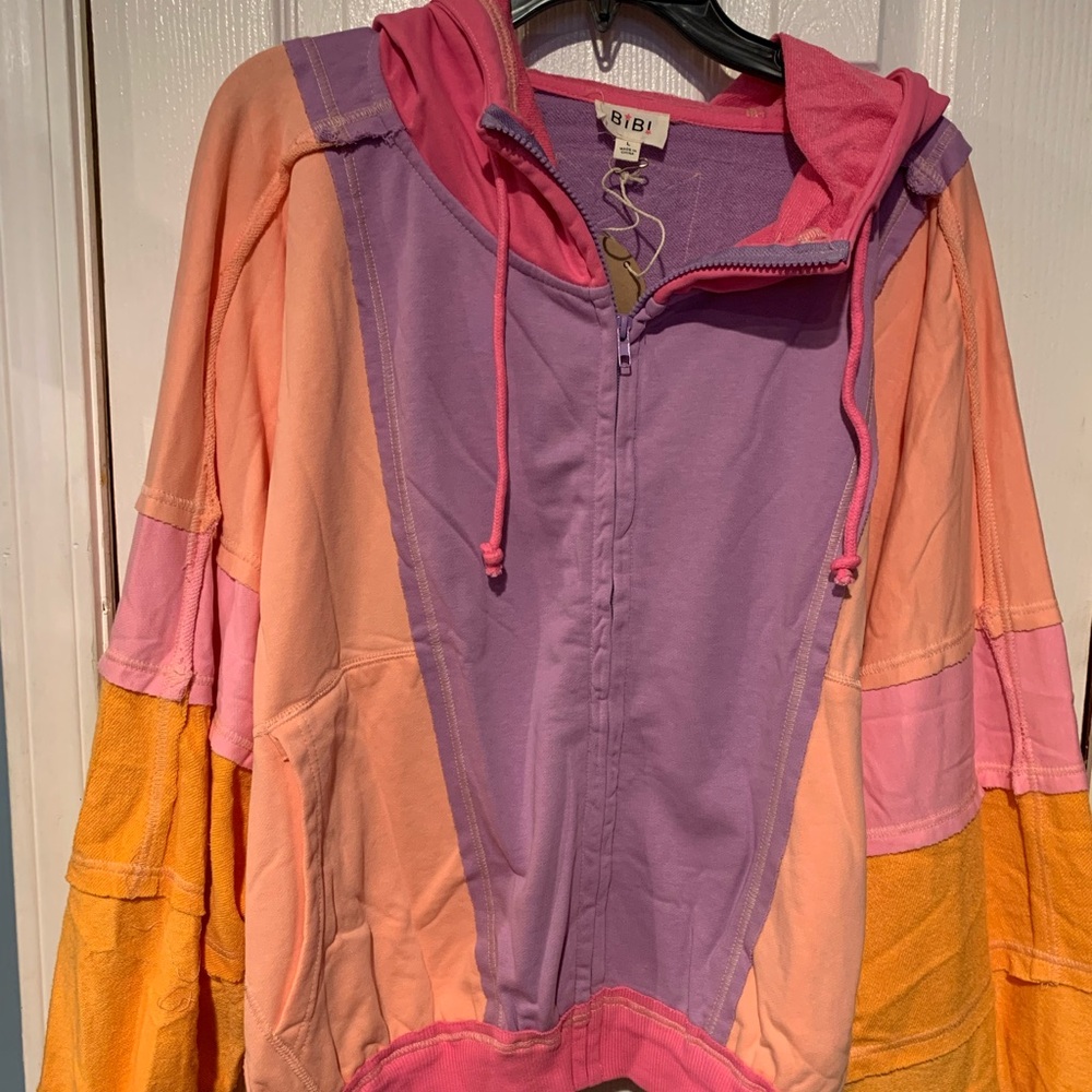 Oversized Color block zip up hooded jacket